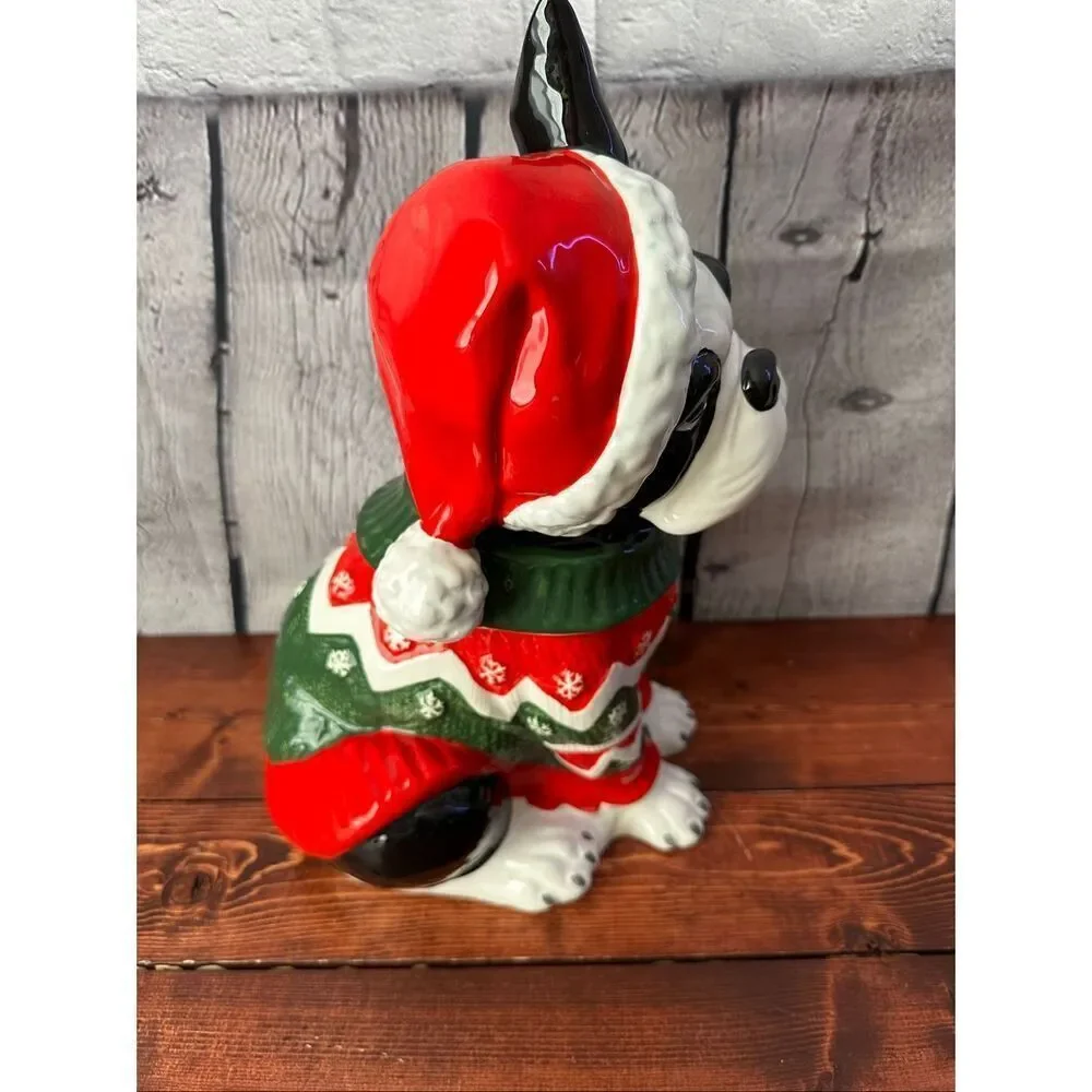 Blue Sky Clay Works Boston Terrier Christmas Cookie Jar Santa Hat Sweater 13.5”